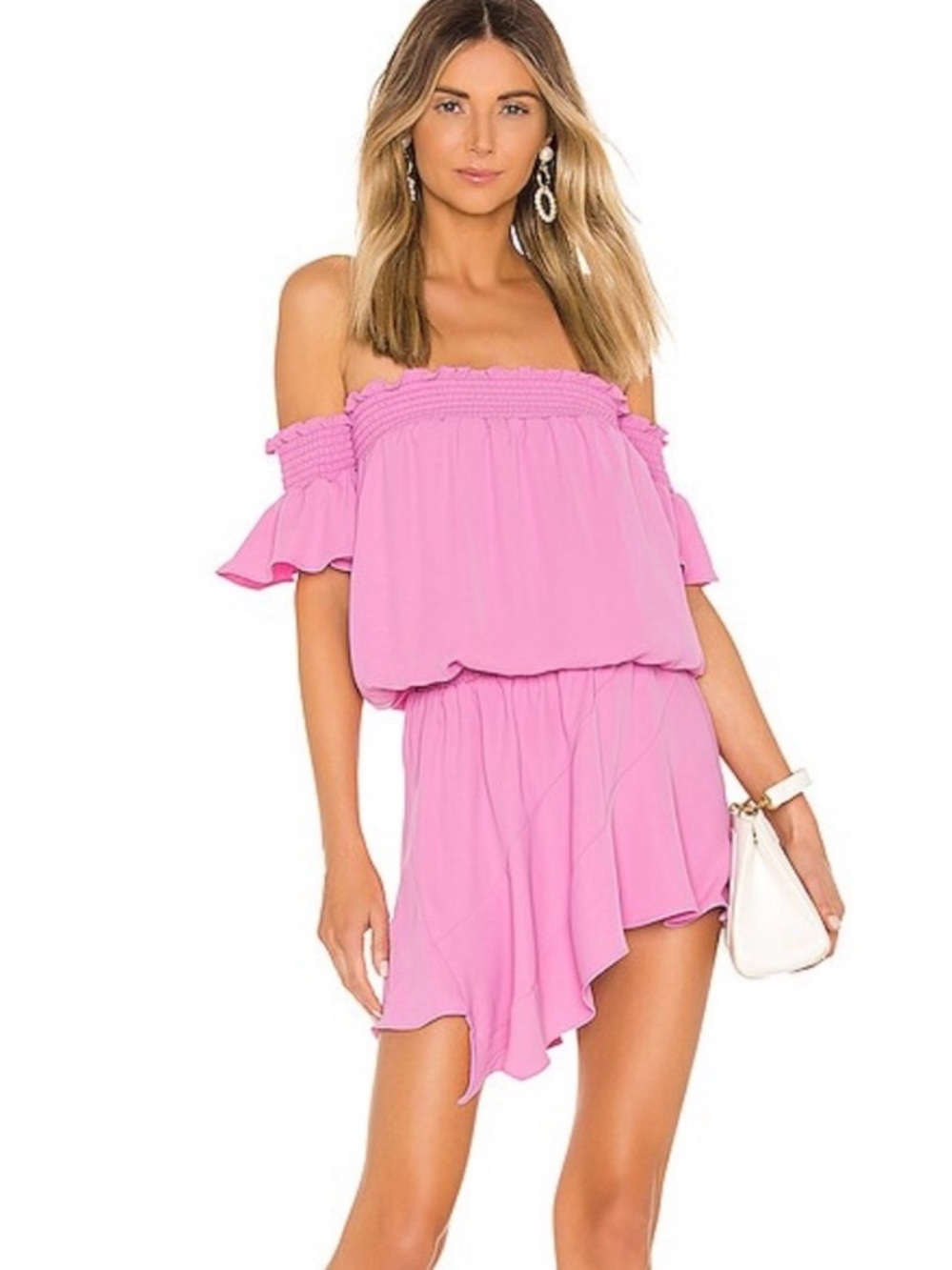 Amanda Uprichard Pink Off-Shoulder Smocked Mini Dress Ruffle Hem Medium